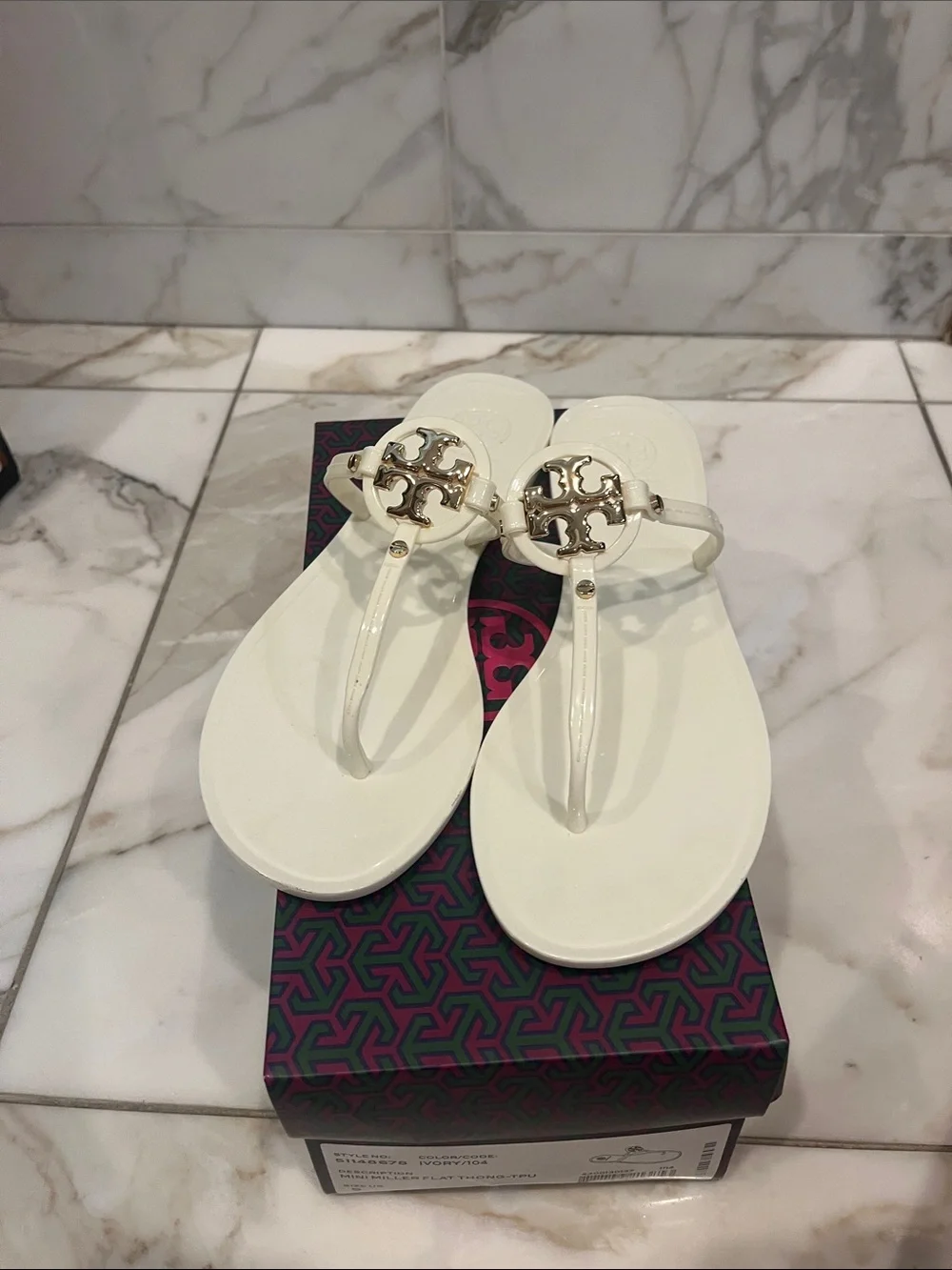 Tory Burch Ivory Mini Miller Thong Sandals with Gold Logo size 9